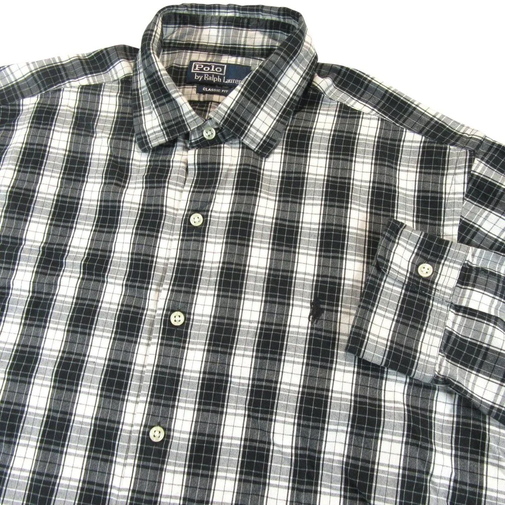 Polo Ralph Lauren Mens Button Down Shirt L Classic Fit Black‎ White Plaid Cotton